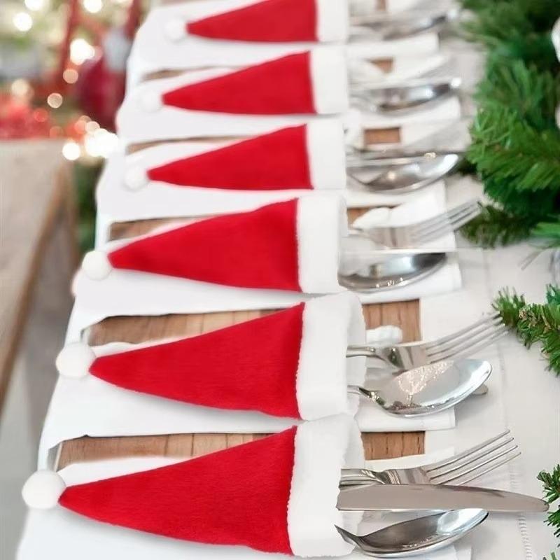 1/100pcs Christmas Cutlery Holder Xmas Hat Tableware Bags New Year Party Dinner Table Fork Knife Organizer Decoration Supplies