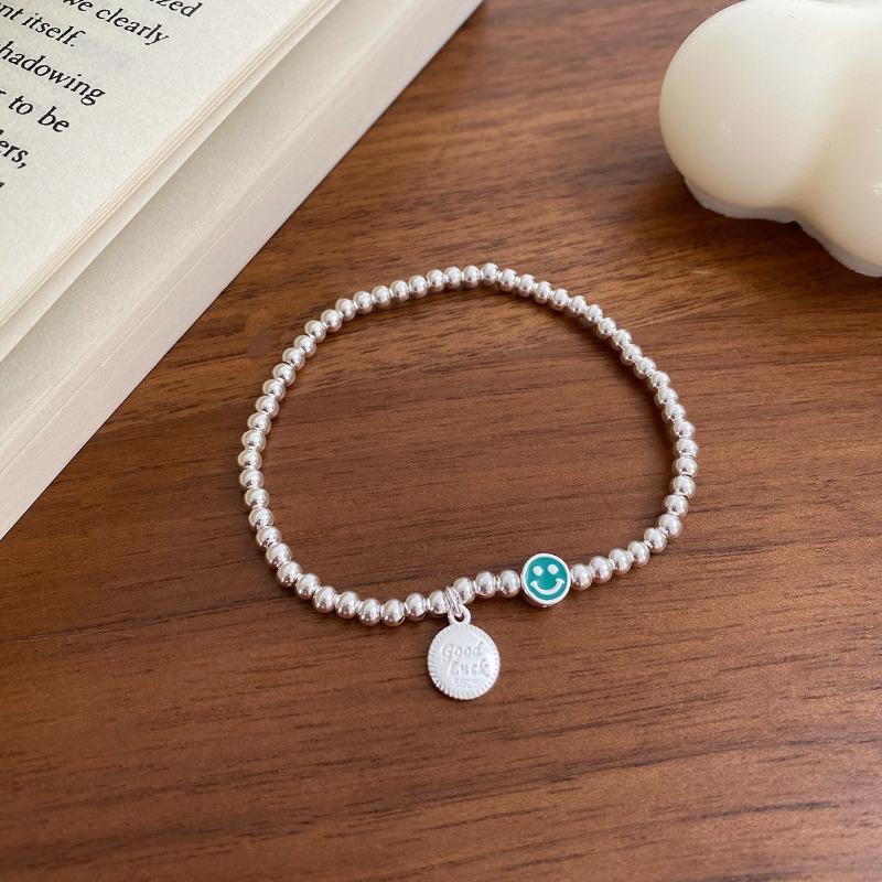 Women Simple Minimalist S925 Silver Plated Smiley Enamel Elastic Bracelet зелёный