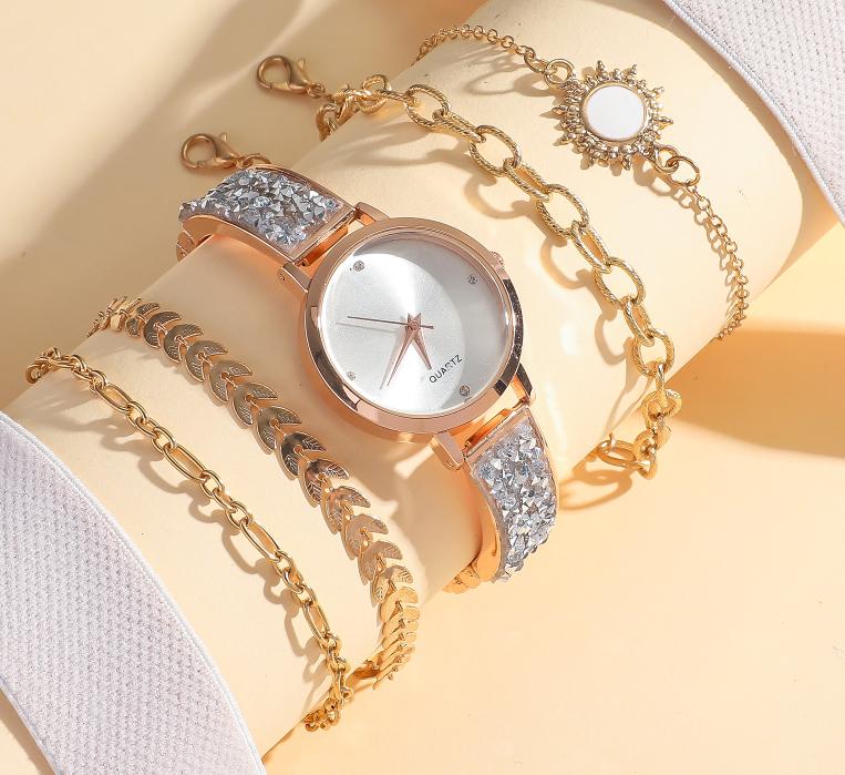 5pcs/set Fashion Temperament Starry Sky Ladies Quartz Watch Bracelet Set; Suitable for Birthday Gifts