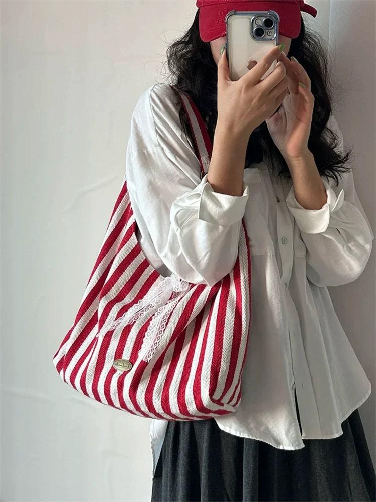 Summer Striped Double-Sided Shoulder Bag Cute Printed Alphabet Canvas Bag Large Capacity Simple Alphabet Commuter Bag красный