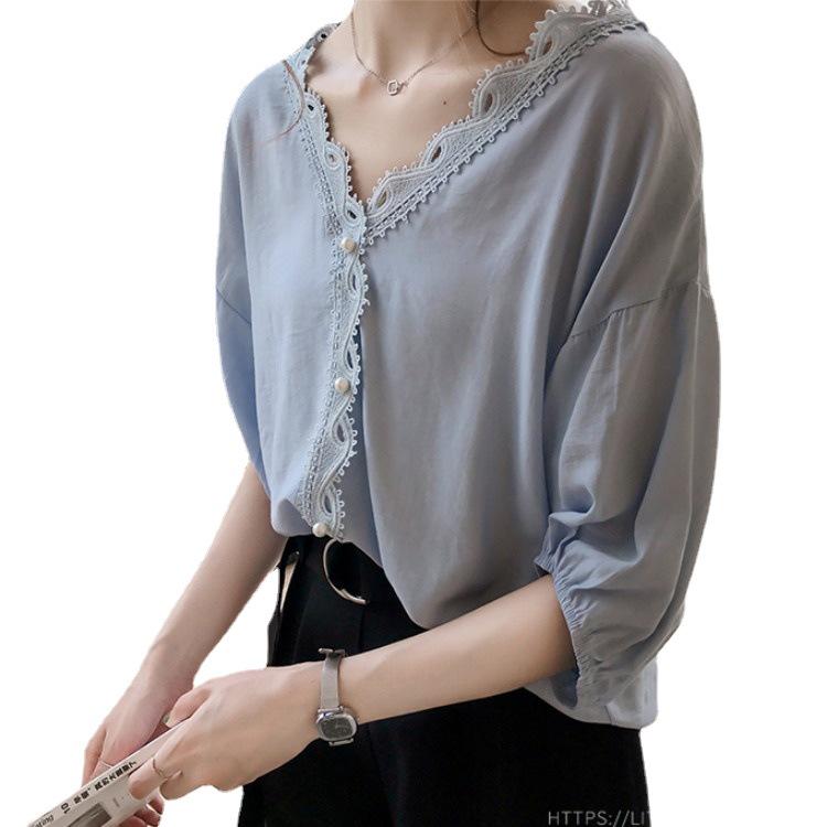 In-Stock Summer V-Neck Chiffon Blouse with Crochet Lace Patchwork