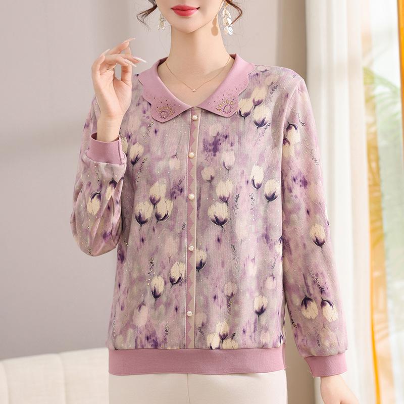 

High-Quality Women s Floral Lapel Long-Sleeve Base Layer Shirt for Middle-Aged and Elderly 5XL (145-160 kg) фіолетовий