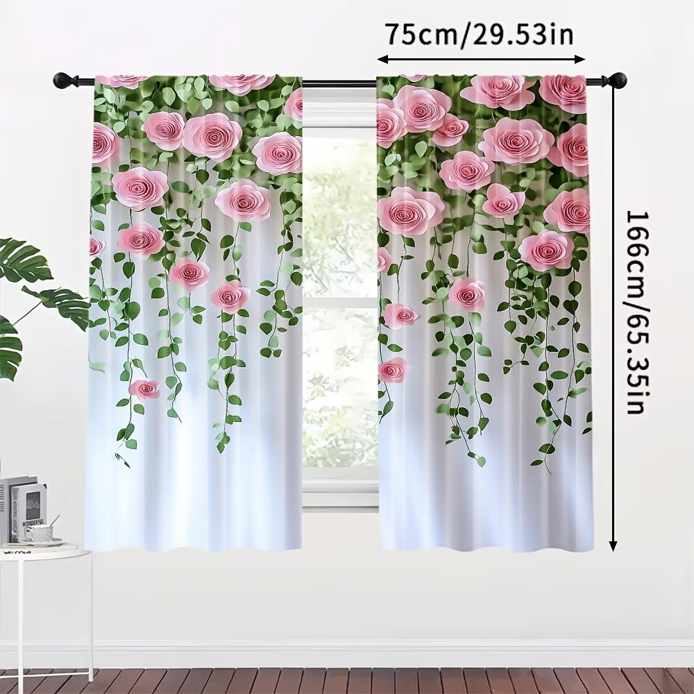 2PCS Digital Printed Curtains, Green Leaves Pink Rose Botanical Floral, Window Curtains for Living Room Bedroom Home Decoration