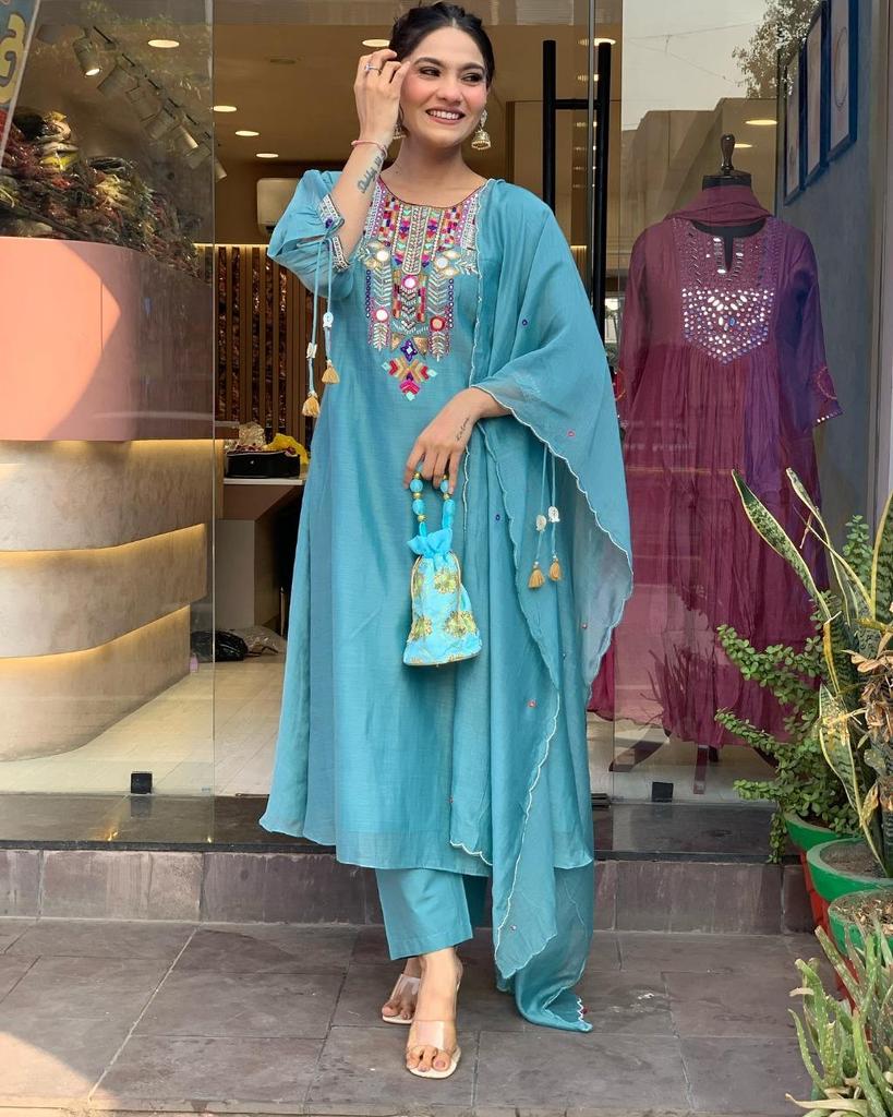 Indian Women Designer Kurta Pant Dupatta Set Bollywood Top Tunic Kurti Salwar Suit Dress