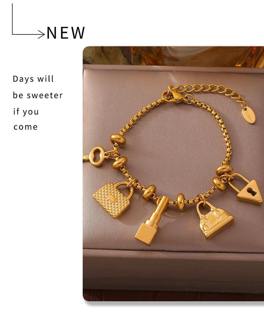 Trendy European-American Multi-Element Rhinestone Pendant Bracelet, Adjustable Retro 18K Gold-Plated Titanium Steel Jewelry