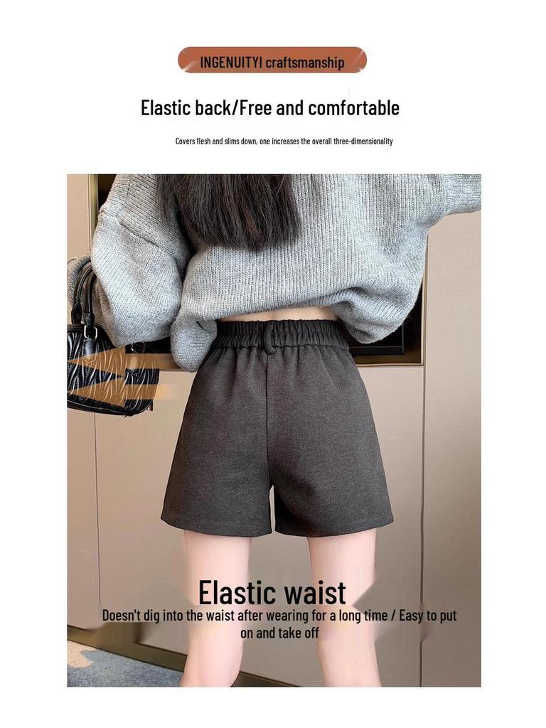Plus Size Women's Black Wool Wide-Leg High-Waisted A-Line Shorts for Fall/Winter