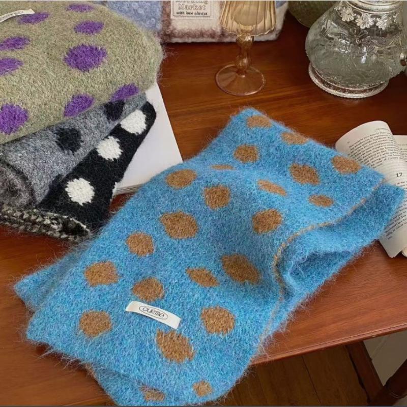 Korean Style Polka Dot Plush Knitted Scarf Soft Thick Color-Block Scarf Thermal Windproof Neck Warmer Scarves