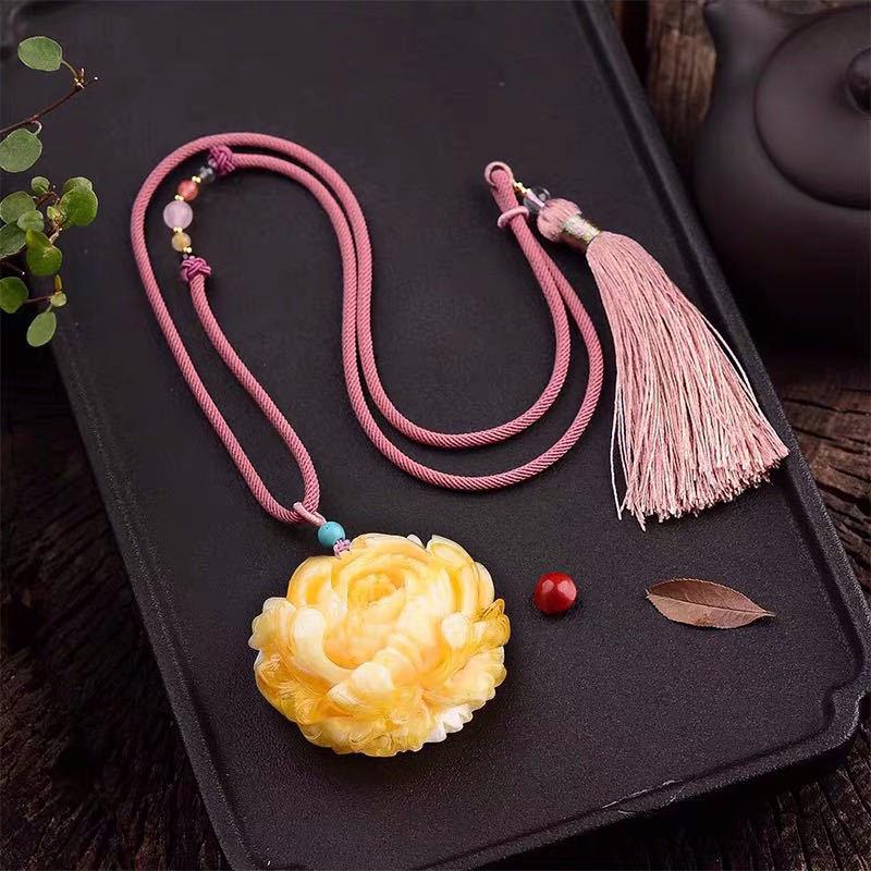 Women's White Flower Amber Pendant: Second Gen Peony, Rose & Beeswax Design In Yellow