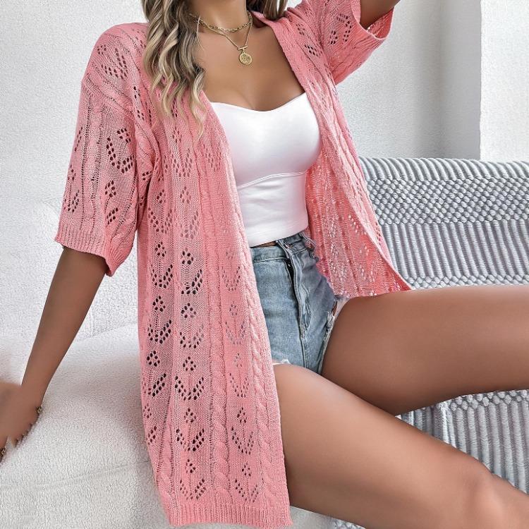 Women Solid Color V Neck Knitted Cardigan Ladies Half Sleeve Street Wear Top