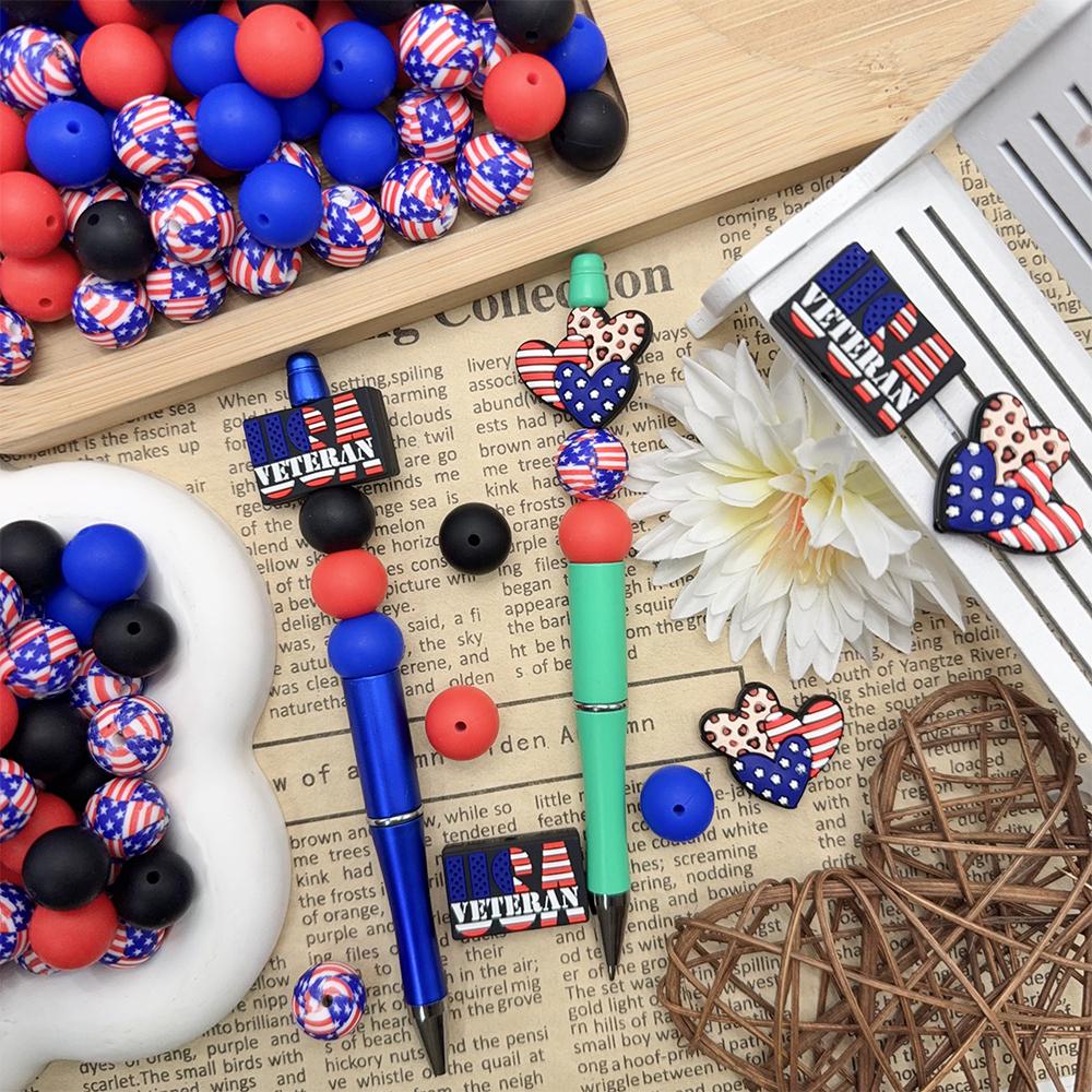 39Pcs Independence Day Series Silicone Beads Set DIY Beaded Necklace Bracelet Decoration Pen Jewelry Pendant Etc. Holiday Birthday Gift
