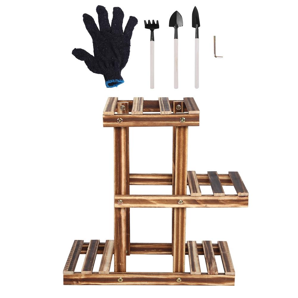 Multi tiers Wooden Plant Stand Balcony Garden Flower Plant Stand Display Shelf (Three Layers)