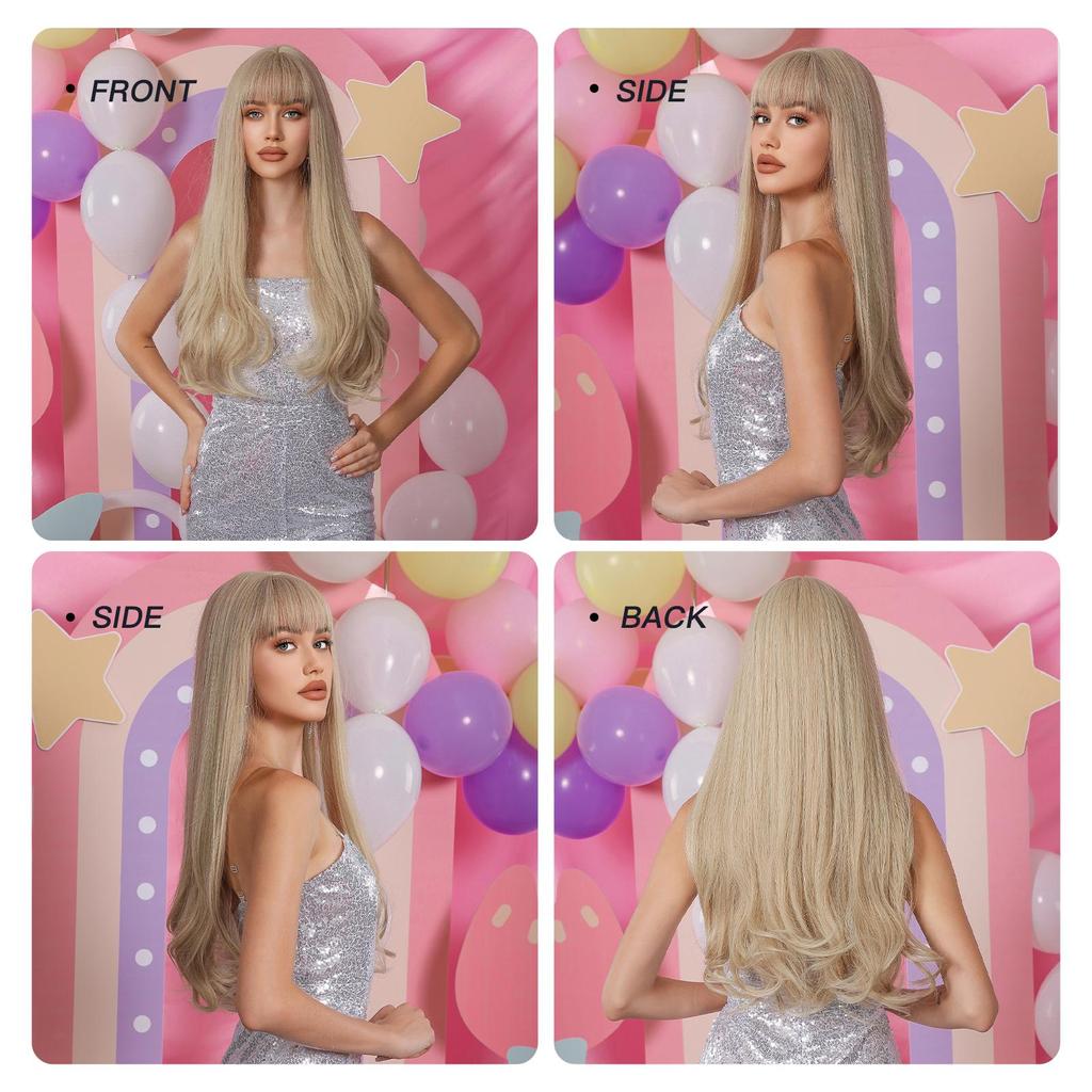 EASIHAIR Long Blonde Synthetic Wigs with Bangs Natural Wavy Hair Wig for Women Daily Cosplay Wig Heat Resistant Fiber