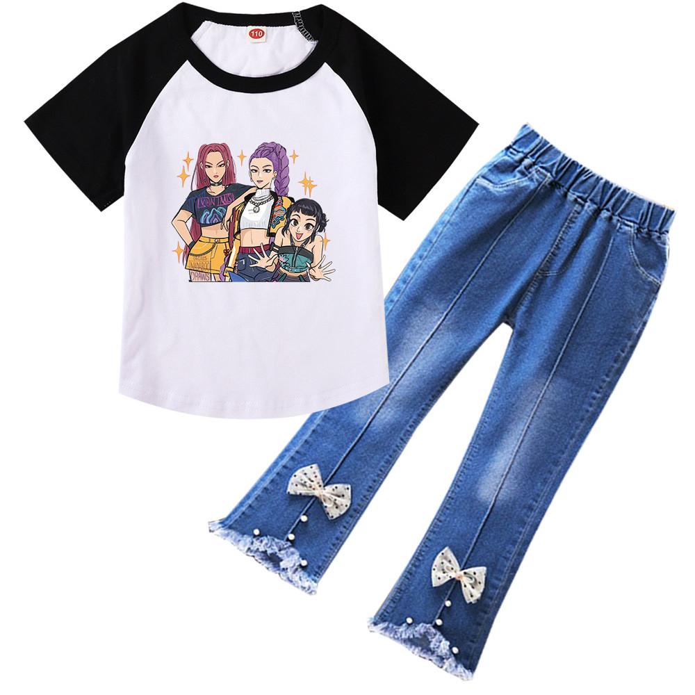 

Kids Girls Anime Cartoon K-Pop: Demon Hunters Printed Casual Short Sleeves T Shirt Jeans Pants Clothes Set 160Cm