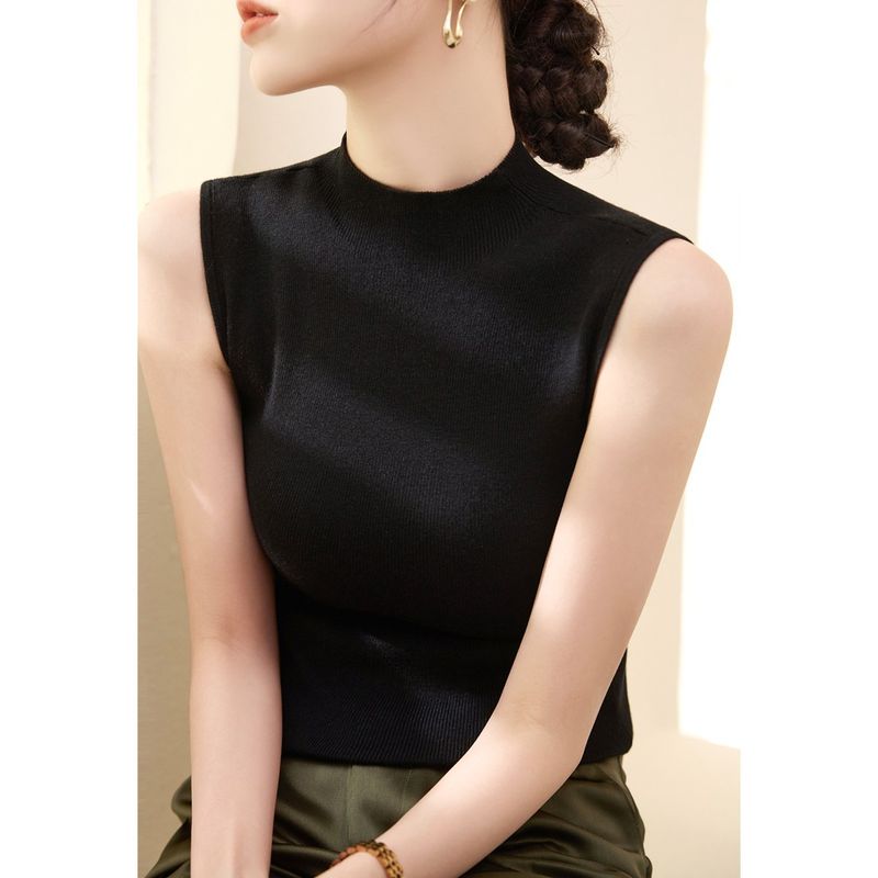

Silm Summer Half Turtleneck Ice Silk Tank Top Sleeveless T-shirt Black [high quality fabric]] XL