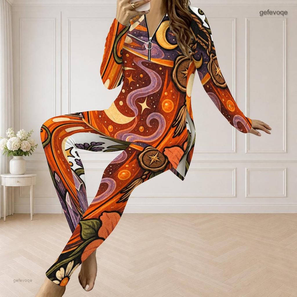 Women Plus Size White Halloween Ghost Printed Two Piece Set Half Zip Long Sleeve Top And Fitted Pants