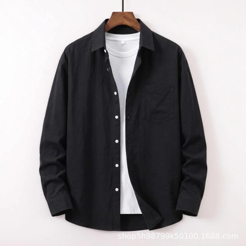 Men s Casual Long Sleeve Button-Down Shirt, Loose Fit Solid Color Basic Blouse For Men S чёрный