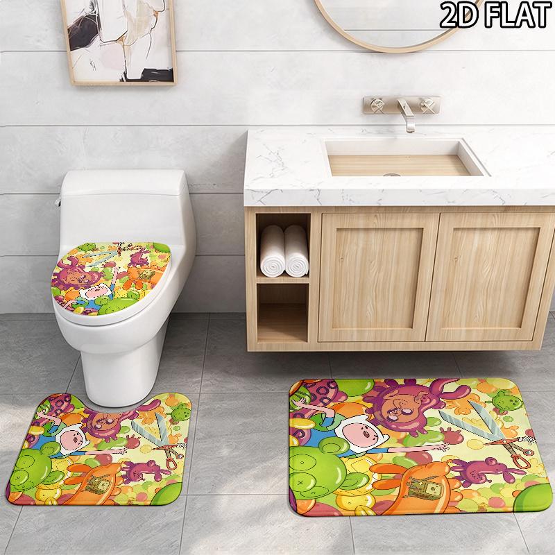 3pcs Adventure Time Pattern Flannel Nonslip Absorbent Washable Decorative Bathroom Home Toilet Seat Cover Mat