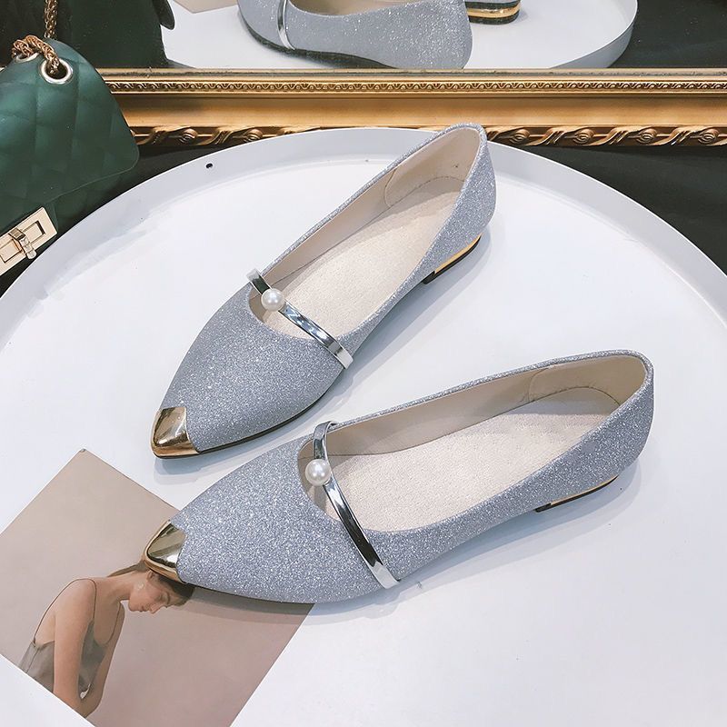 Fashion Pointed Low-heeled Pearl Single Shoes Versatile and Comfortable Shallow Mouth Foot Cover Women's Flat-soled Single Shoes 2025 Spring and Summ