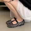 Fashion SUOJIALUN 2025 Autumn Women Flat Shoes Fashion Mesh Crystal Ladies Elegant Mary Jane Ballet Shoes Soft Flat Heel Dress Single Sh