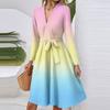 Women's Fashion Casual V-Neck Long Sleeve Waist Gradient Printed Midi Dress