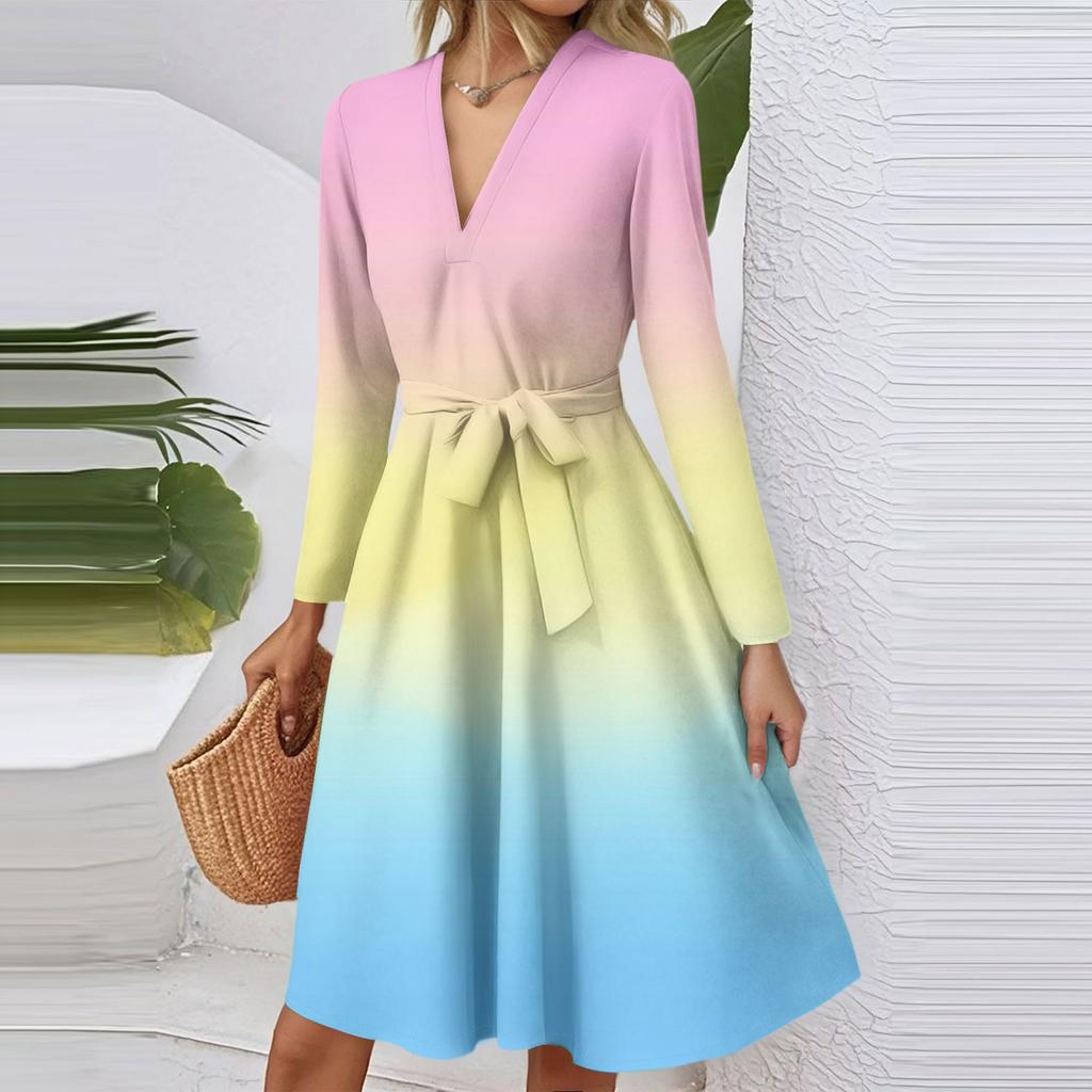 Women's Fashion Casual V-Neck Long Sleeve Waist Gradient Printed Midi Dress