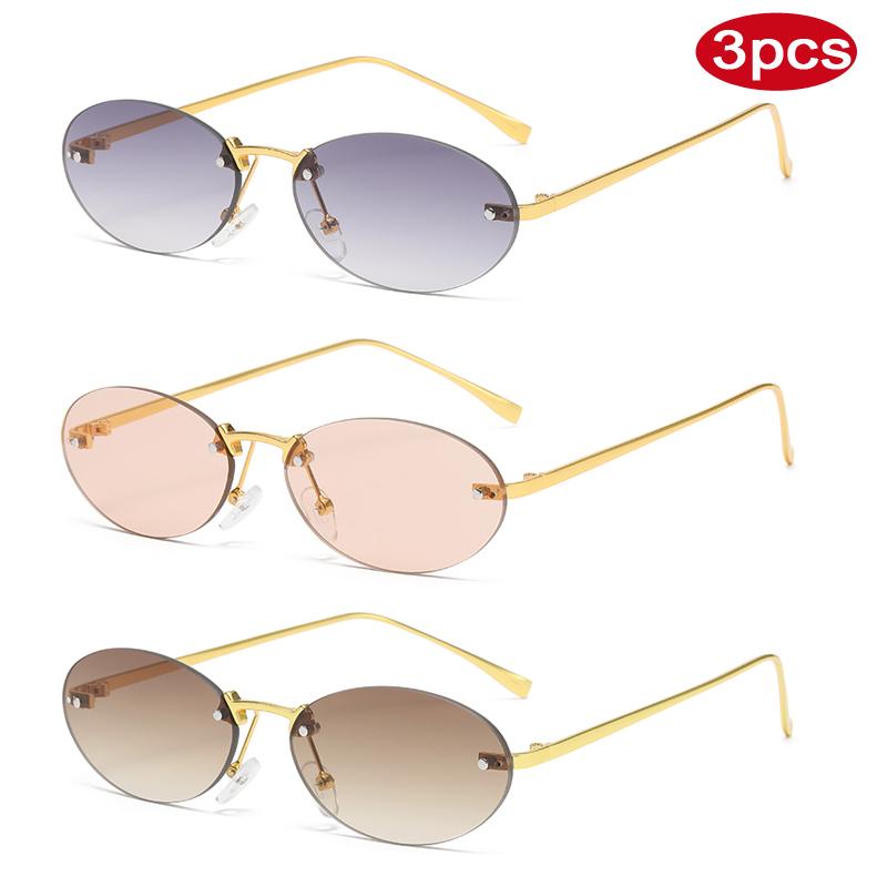 3pcs Trend Rimless Oval Sunglasses Women Rivet Small Thin Frame Frameless Luxury Metal Shades Brand Design Sun Glasses UV400