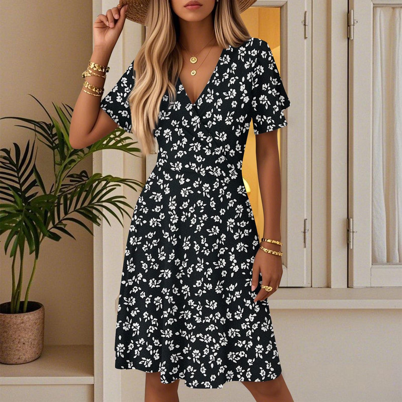 Women s Summer Fashion Floral Print Dress Casual Beach A-Line V-Neck Loose Sundress L
