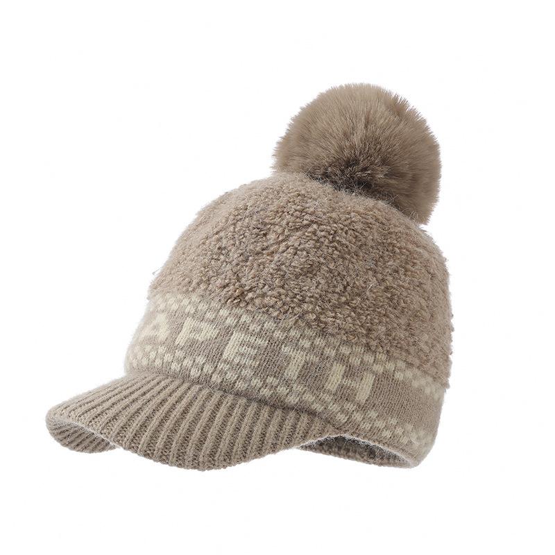 Korean Version of Autumn and Winter Hat for Women's Knitted Hat Cute Versatile Wool Ball Cap Thickened Cold Proof and Warm Duck Tongue Wool Cap