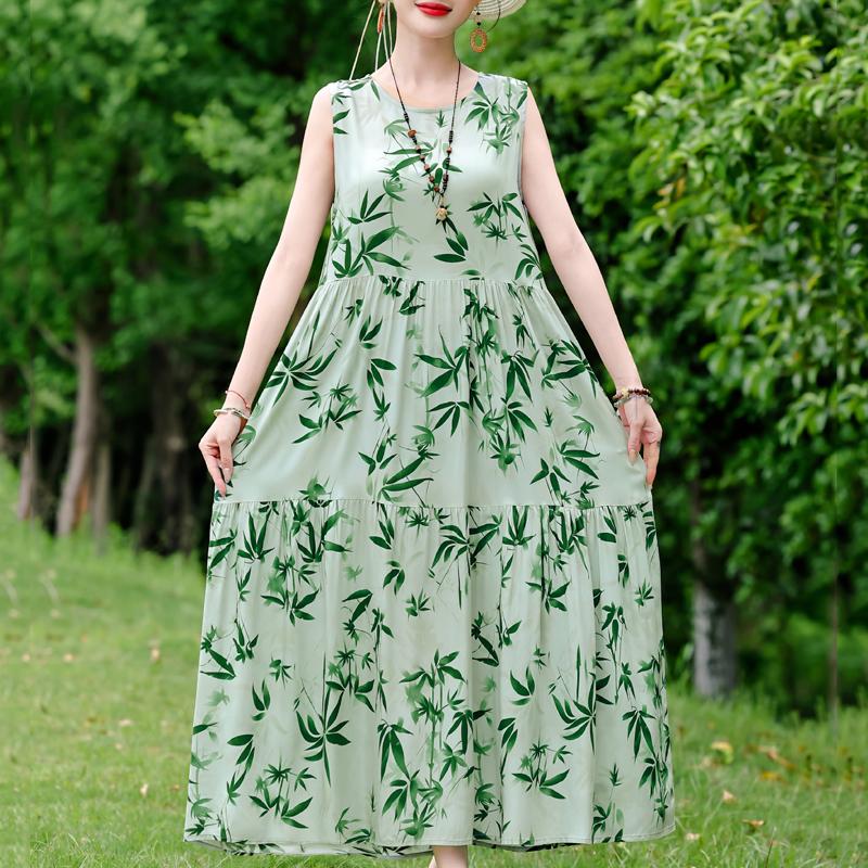 Elegant Sleeveless Dress for Women Plus Size Short Sleeve Vintage Print Long Dress Summer Casual Middle-aged Women's Clothing