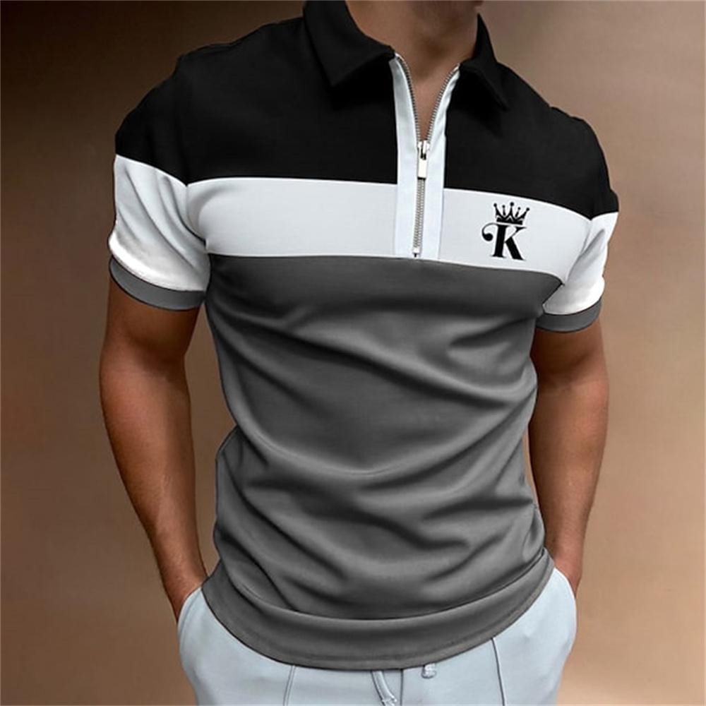 Men's king printed short sleeved polo shirt, high-quality casual zipper T-shirt, summer clothing
