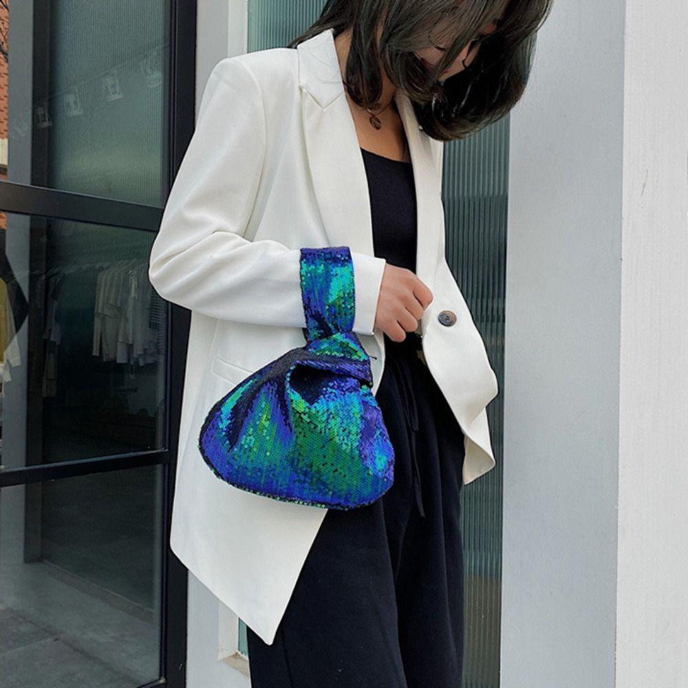 Korean Style Sequin Handbag Solid Color Tote Bag Casual Knot Wrist Bag Ladies