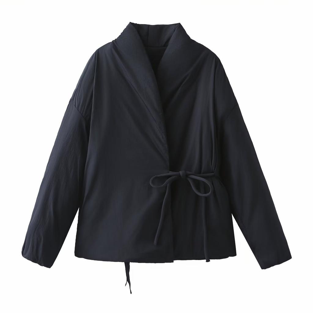 Women Kimono Style Quilted Jacket Wrap Collar Tie Waist Long Sleeve Warm Winter Coat