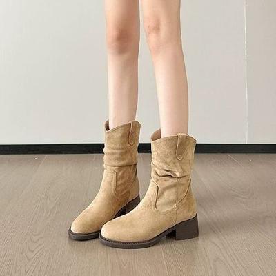 Short Boots Children's Coarse Heel Medium Tube Pile Boots Women's 2025 New Autumn and Winter Merad Western Cowboy Martin Boots Tide