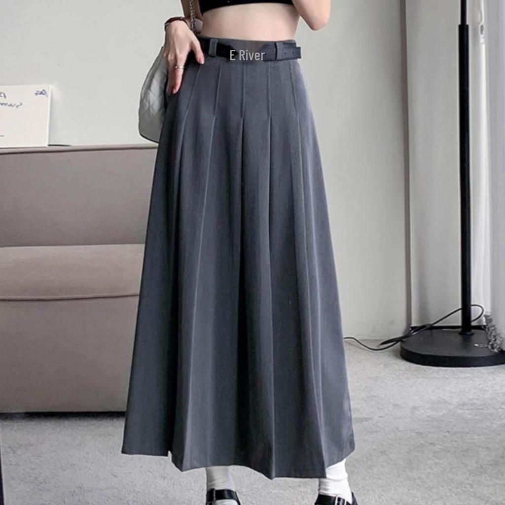 Plus Size High-Waisted Black A-Line Pleated Skirt for Pear-Shaped Petite Women - Mid-Length, Autumn Style