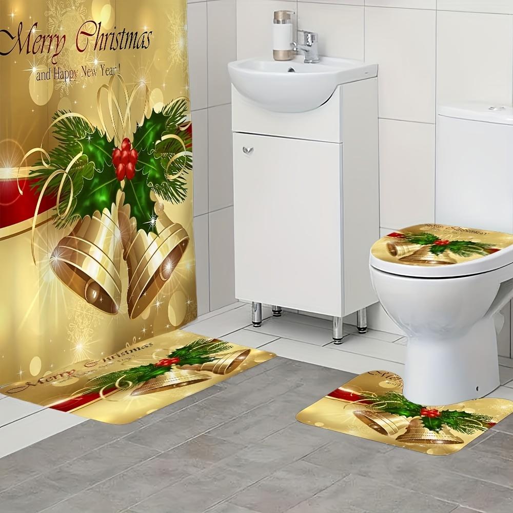 4Pcs Bathroom Shower Curtain Set Golden Christmas Bell Pattern Bathroom Curtain With 12 Hooks Non Slip Rugs Toilet Cover Mat Bathroom Partition