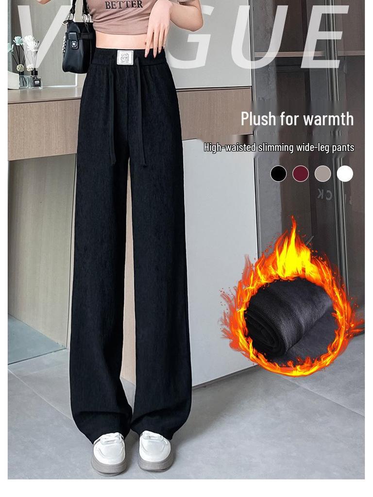 Pleated High Waist Fleece-Lined Wide Leg Pants for Women - Autumn Winter Slimming Plus Size Casual Wear