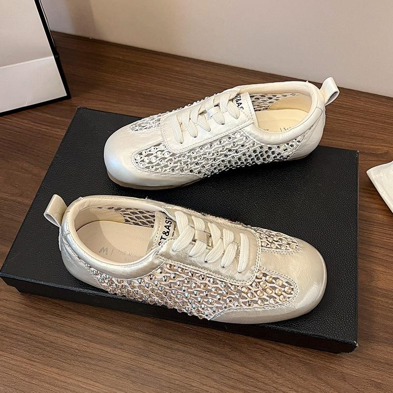Fashion Breathable Mesh Women's 2025 Summer New Flat German Training Shoes Lace-up Diamond-encrusted Hollow Sandals