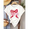 European Size Women's Valentine's Day LOVE Letter & Red Heart Bow Print T-Shirt - Short Sleeve Round Neck Casual Blouse