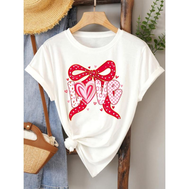 

European Size Women s Valentine s Day LOVE Letter & Red Heart Bow Print T-Shirt - Short Sleeve Round Neck Casual Blouse S белый
