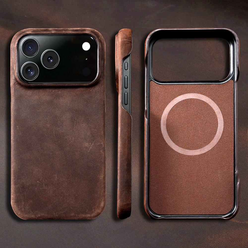 for Magsafe Case for iPhone 15 16 17 Pro Max 17Pro 17 Air 16Pro Retro  Genuine PULL-UP Leather Magnetic Phone Back Cover