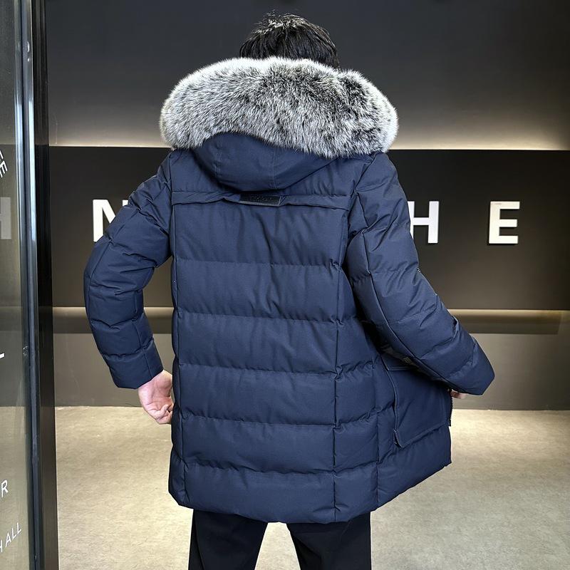 Men's Plus Size Casual Mid-Length Cotton Jacket with Fur Collar Hooded, Thickened for Warmth, High Quality