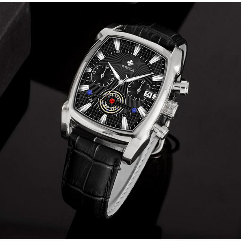 WWOOR Lederarmbanduhr Business New Concept Herrenarmbanduhr Wasserdicht Leuchtende Nadel Quarzuhr