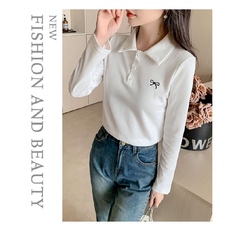 POLO shirt, spring and autumn 2026 new model, base shirt with bow embroidery, women's slim-fit t-shirt