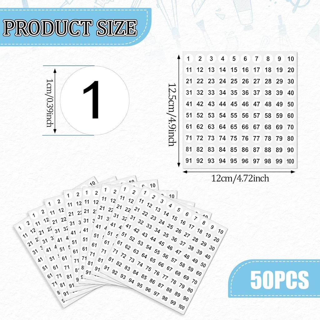 Consecutive Number Stickers - 1 to 100 Round Labels, Vinyl, Small (0.4inch), 50 Sheets - Inventory/Storage Organizing