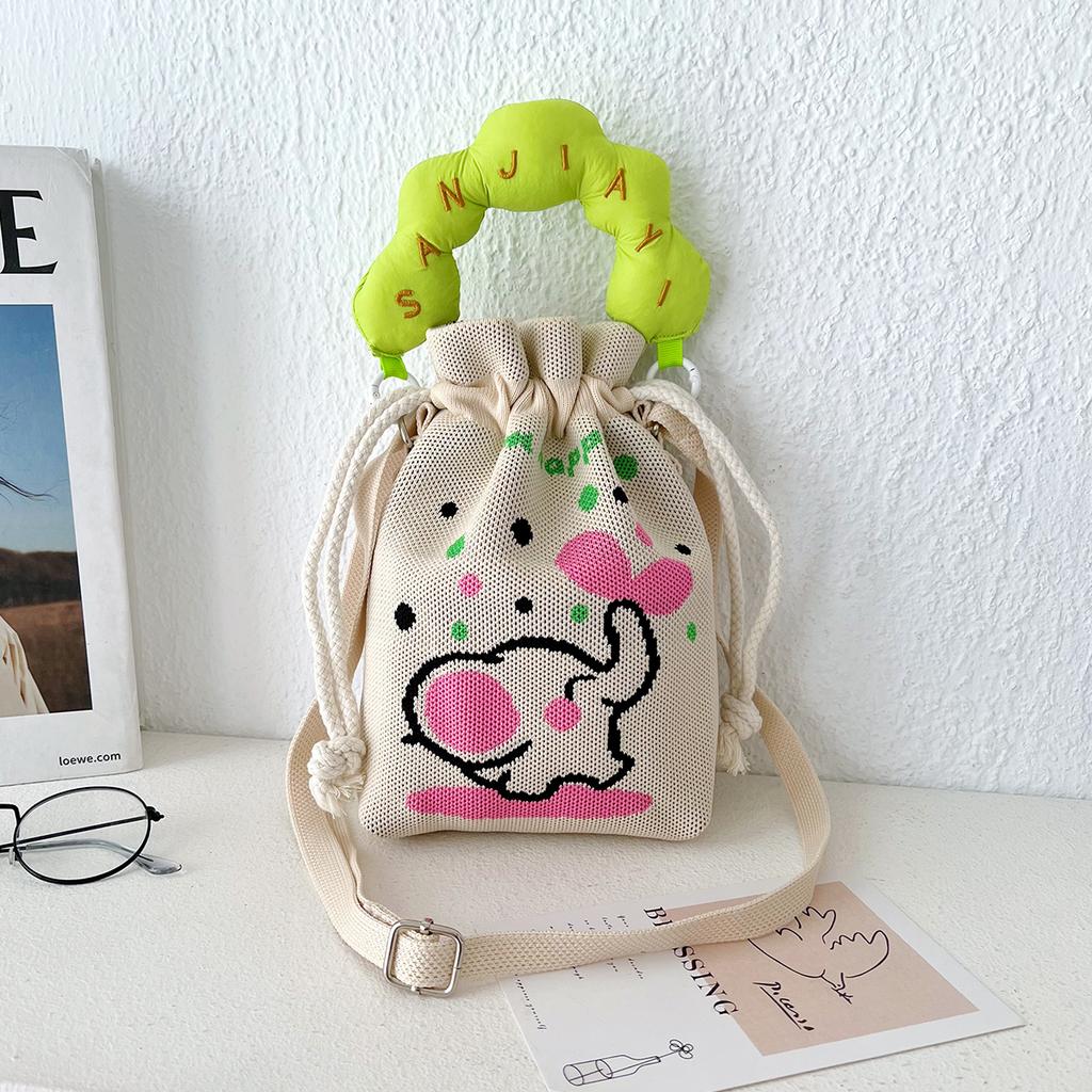 Knitted Bucket Lucky Bag Female Cartoon Gift Bag Hand Bag Casual Versatile Drawstring Handbag Bento Meal Bag