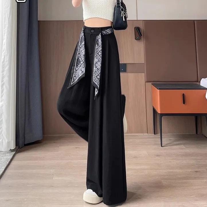 Women's High-Waist Silk Scarf Ribbon Wide-Leg Pants - Summer Cotton Linen Drape