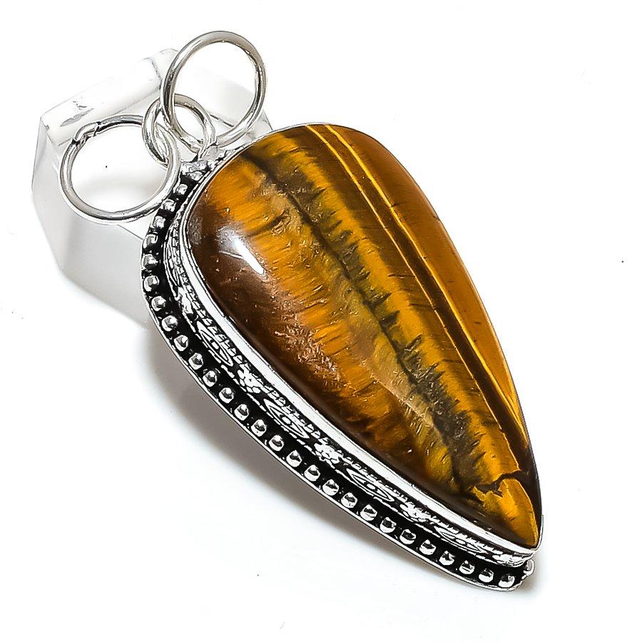 Natural Tiger Eye Gemstone Handmade 925 Sterling Silver Gift Pendant 2.44" g5B41