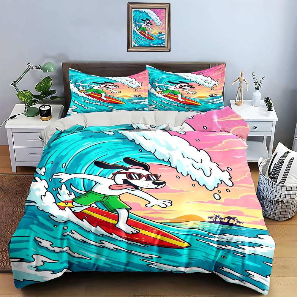 Surfing dog with waves. Bedding sets Duvet cover sets Duvet covers Pillowcases(1 * Duvet Cover 2 * Pillowcases, without duvet insert)