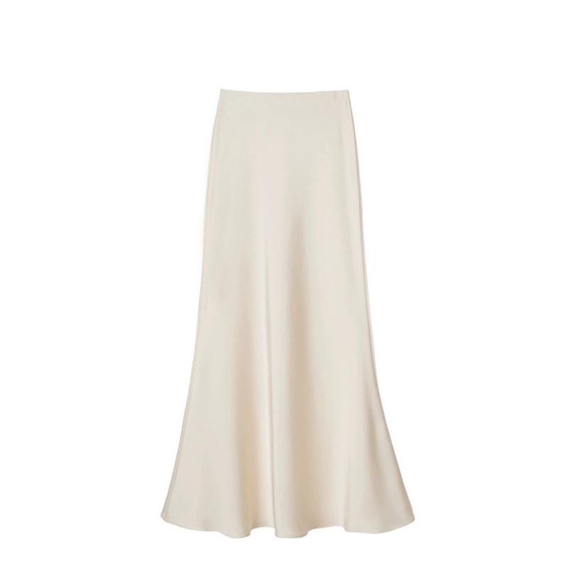 Satin Drape Elastic Waist Midi Skirt - Women's High Waist A-Line for Spring/Summer