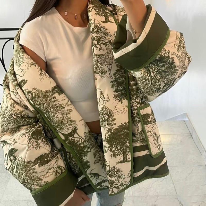Printed Double Pocket Cotton Jacket Women Flower Printed Loose Casual Thickened Warm Coat Long Sleeve Cardigan Autumn Winter New Fashion